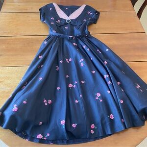 Rockabilly Navy & Pink Rose Pattern Dress Tulle trim, Crinoline lining NO SIZE